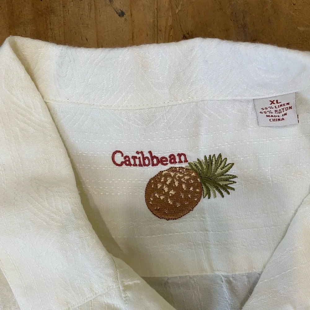Caribbean Men's Shirt Cream Button Up Short Sleeve Size XL floral Linen/rayon - Picture 5 of 10